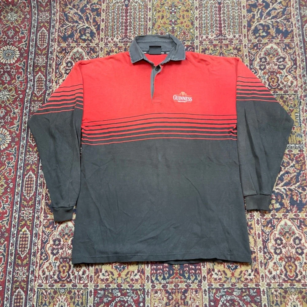 VTG 90s Guinness Durene Cotton Rugby Shirt Striped Red Black LS Embroidered‎ XL
